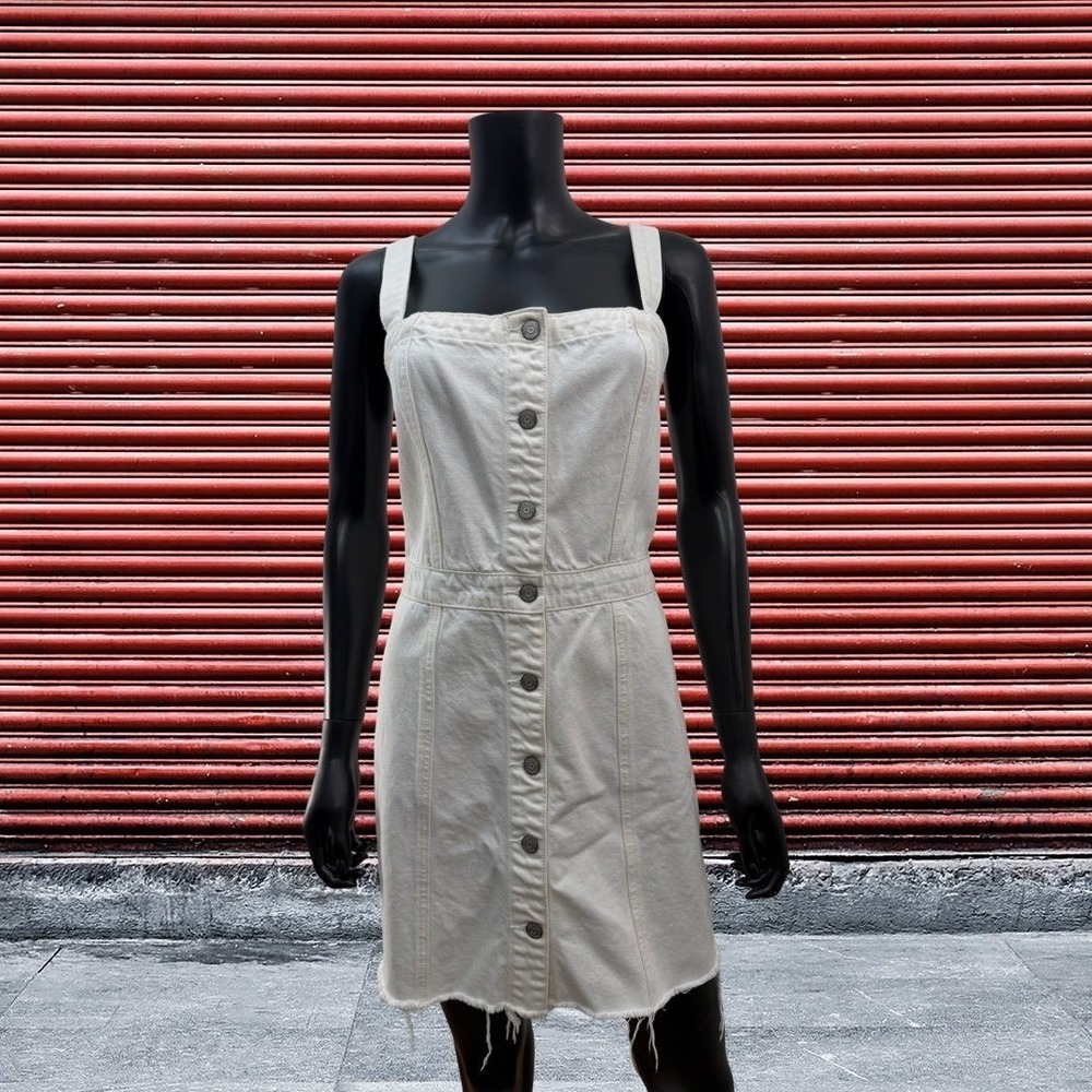 Boyish Kennedy Denim‎ Dress Women M Off White Button Front Frayed Hem - Picture 3 of 11
